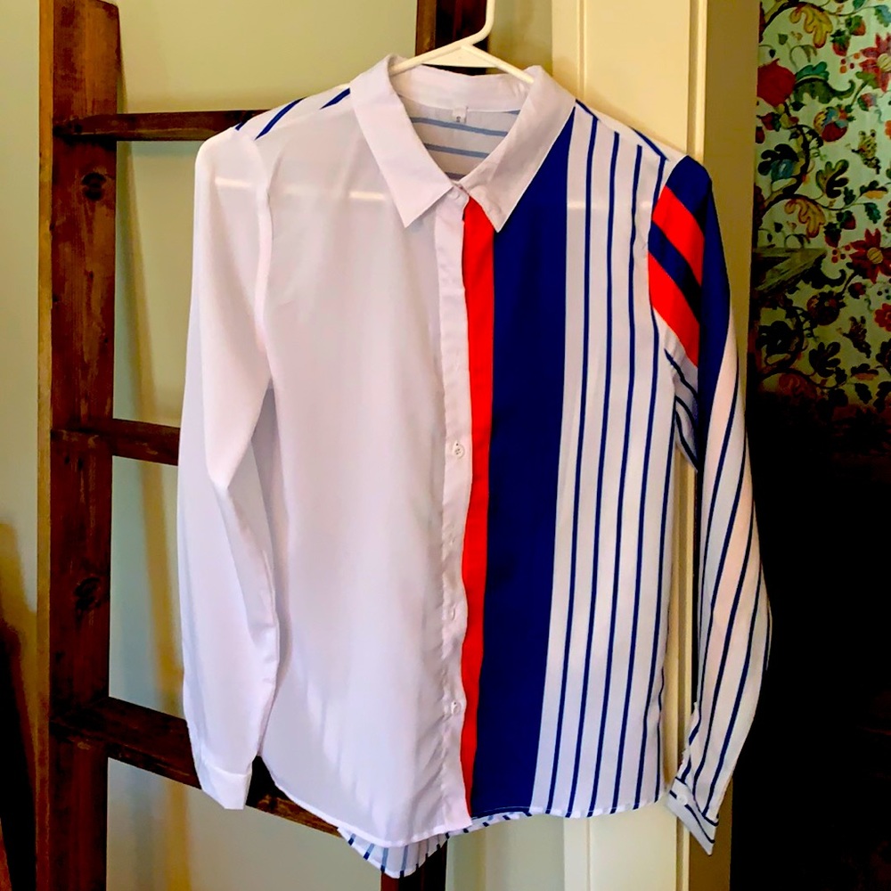 Orange and Blue White Striped Button Down Shirt, Size S